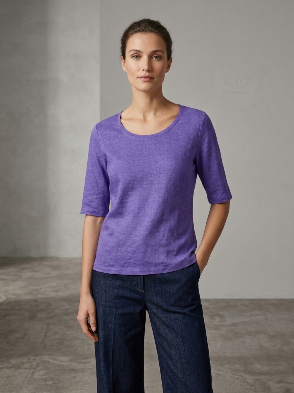 Purple Scoop Neck Short Sleeve Linen Women's Top